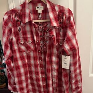 New with tags Ariat Red and White Embroidered Plaid Shirt